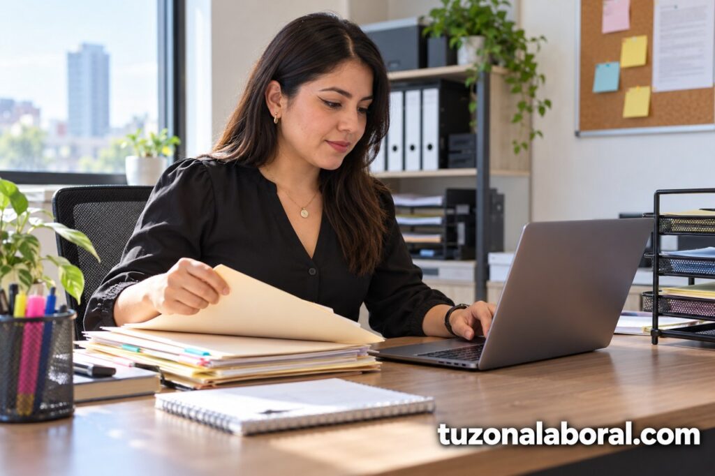 Escena ilustrativa de Asistente de gestión administrativa, con la marca tuzonalaboral.com.