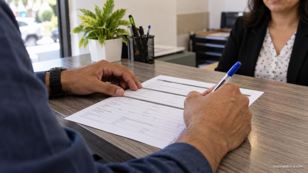 Manos completando una solicitud de empleo impresa.