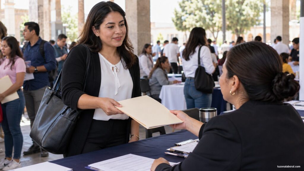 Persona entregando una carpeta durante una conversación de reclutamiento.