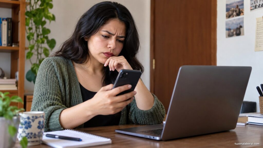 Persona contrastando un mensaje de empleo con información de otra fuente.