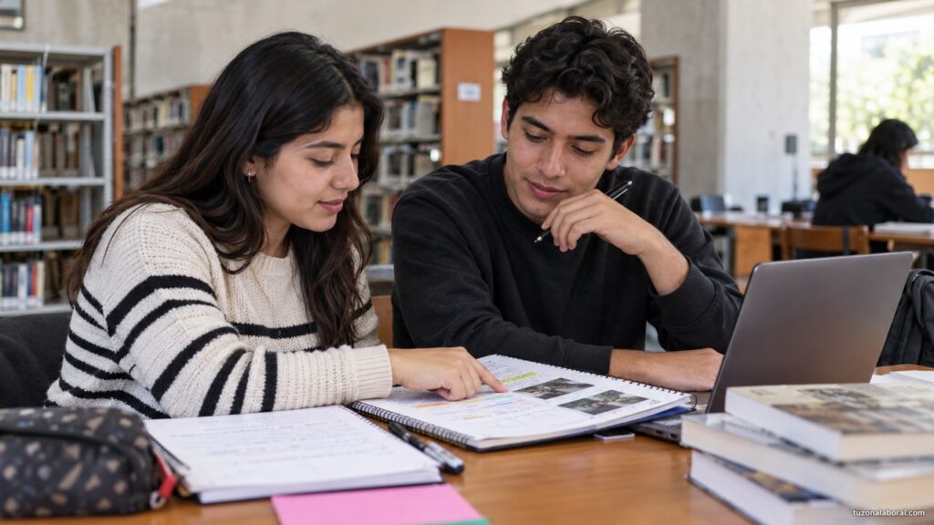 Dos personas revisando proyectos de estudio que pueden describirse en un primer currículum.