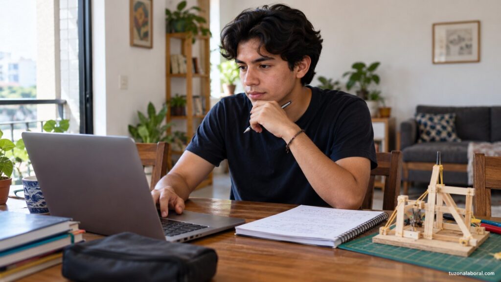 Persona joven preparando su primer currículum con apuntes y proyectos de estudio.