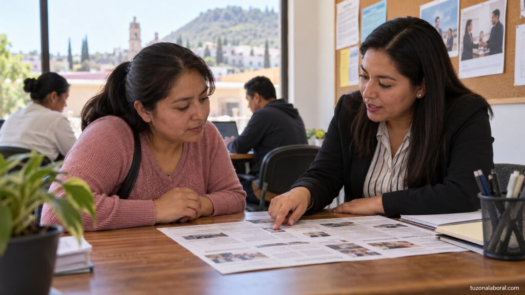 Conversación de orientación sobre oportunidades laborales en un entorno de referencia.