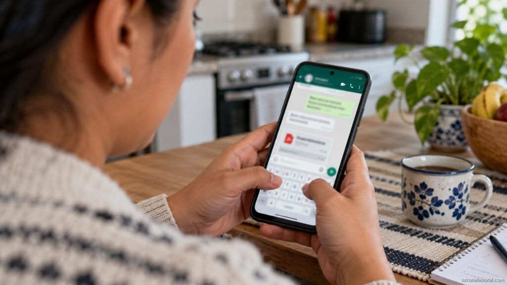 Persona preparando un mensaje de postulación en su teléfono.