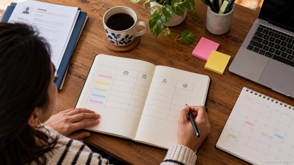 Mesa de trabajo con un registro de postulaciones y calendario.