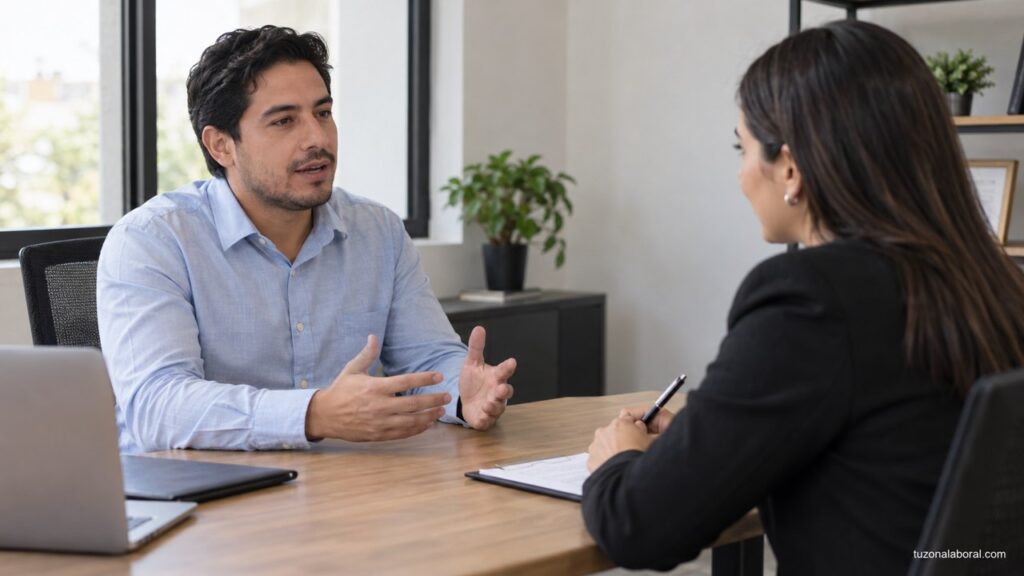 Candidato respondiendo preguntas durante una entrevista laboral conceptual.