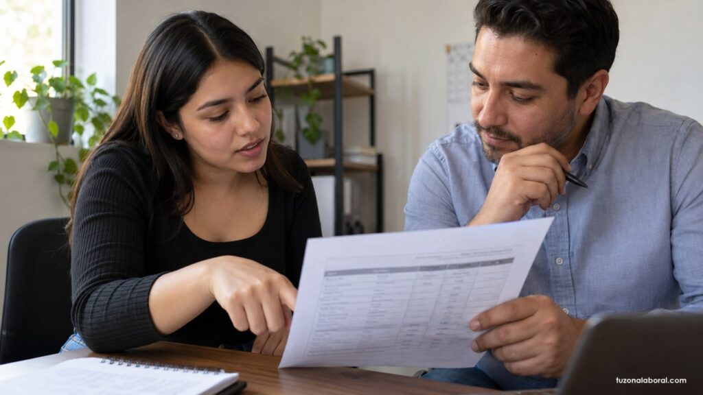 Dos personas revisando información sobre horario y condiciones de una vacante.