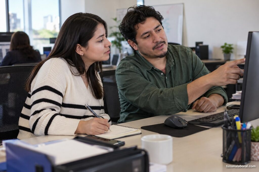 Persona tomando notas mientras aprende una tarea en su incorporación laboral.