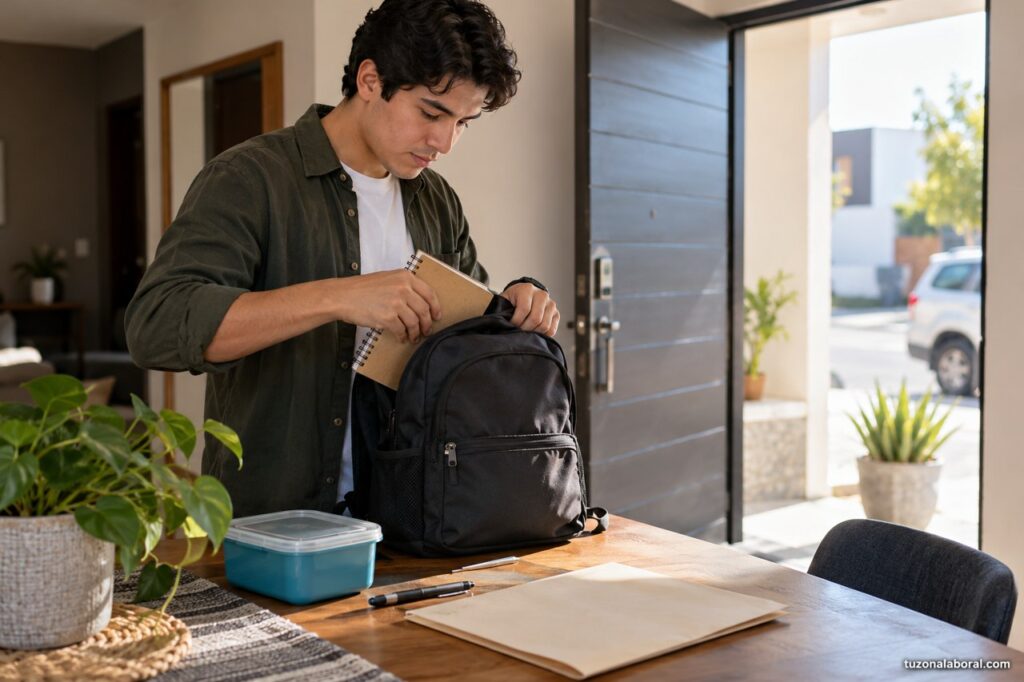 Persona preparando una mochila y materiales para incorporarse a un trabajo.