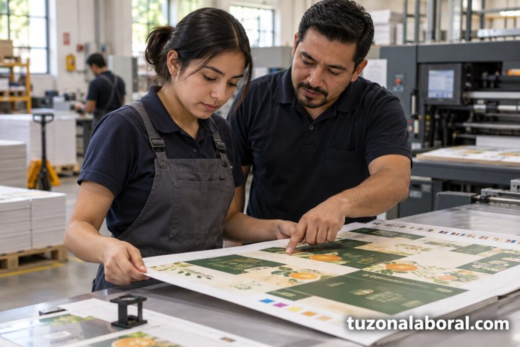 Escena ilustrativa de Aprendiz de operador de producción en litografía, con la marca tuzonalaboral.com.