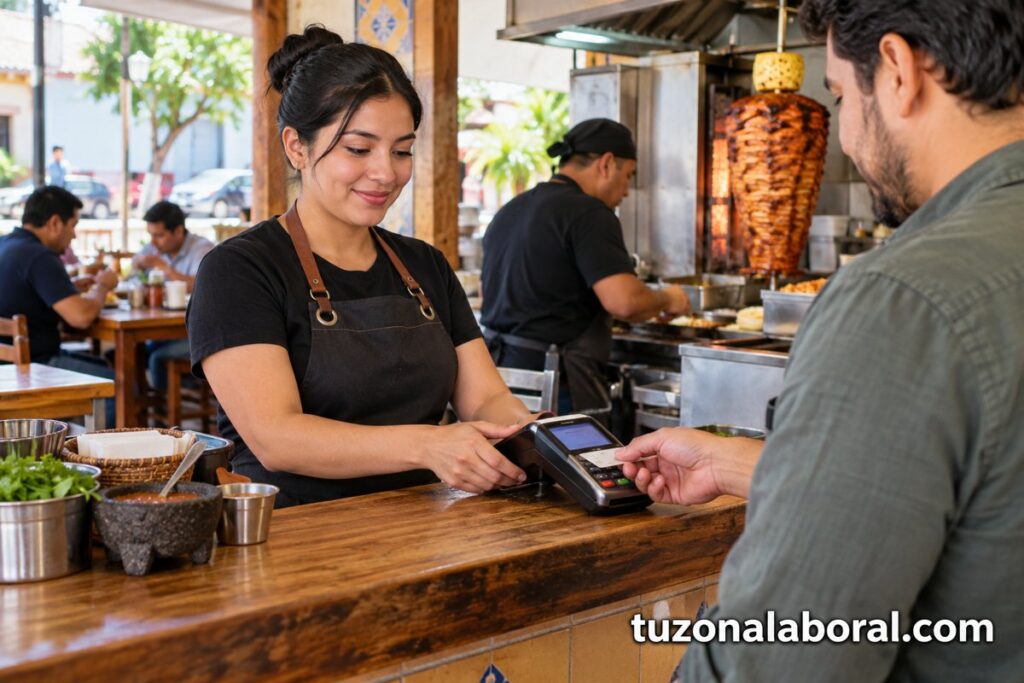 Escena ilustrativa de Cajero de restaurante, con la marca tuzonalaboral.com.