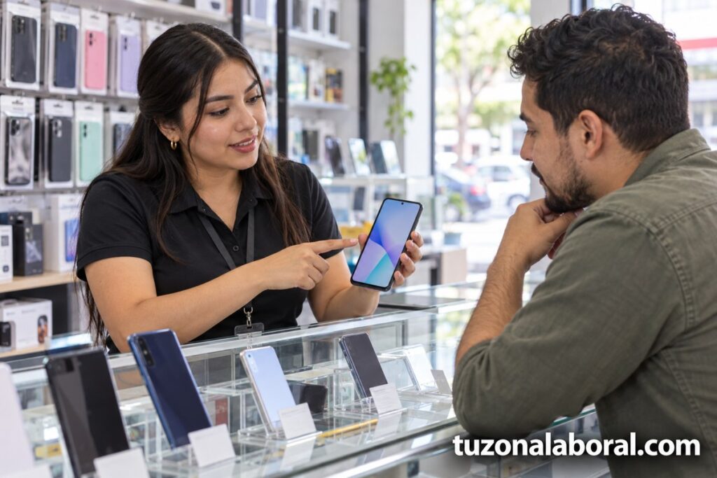 Asesora de tienda mostrando un teléfono a un cliente; imagen ilustrativa con la marca tuzonalaboral.com.