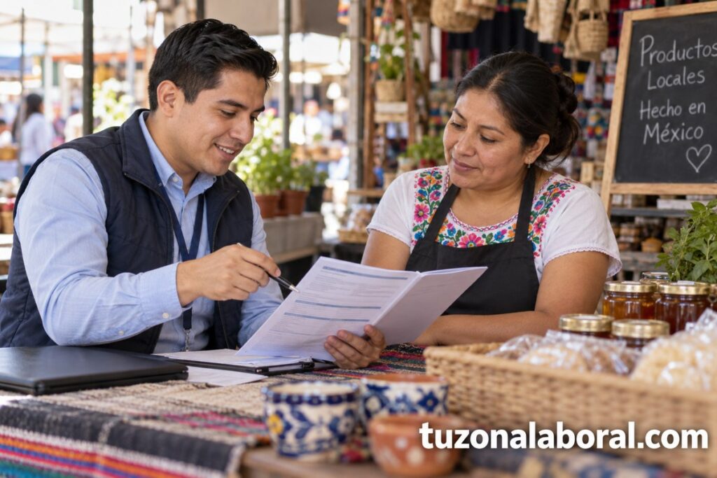 Escena ilustrativa de Promotores de credito grupal, con la marca tuzonalaboral.com.